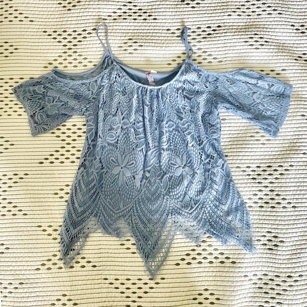 Alya Light Blue Lace Cold Shoulder Blouse